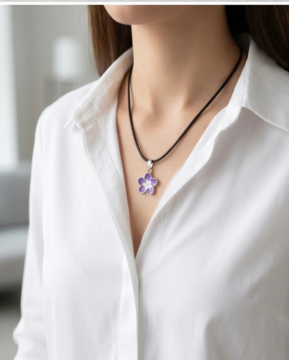 Elegant Purple and White Floral Enamel Pendant Necklace