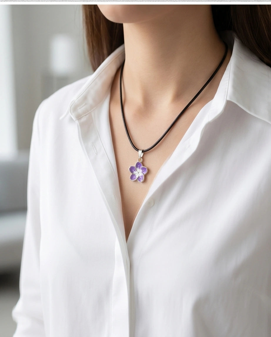 Elegant Purple and White Floral Enamel Pendant Necklace