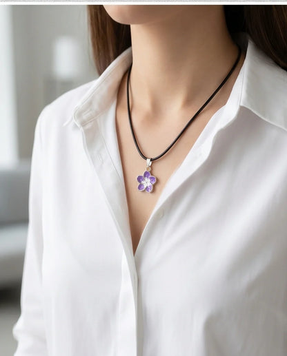 Elegant Purple and White Floral Enamel Pendant Necklace