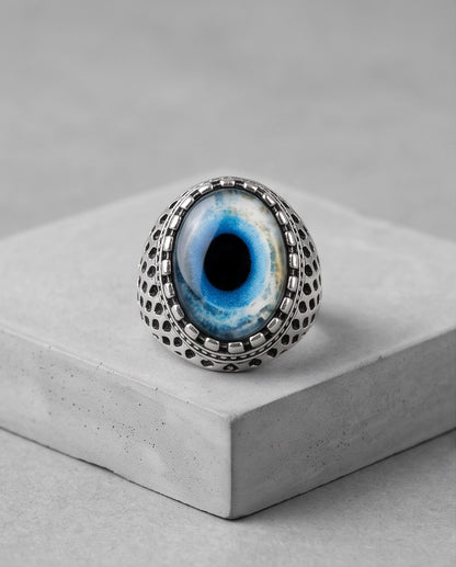 Royal Blue-Rimmed Evil Eye Cabochon Honeycomb-Band Silver Ring