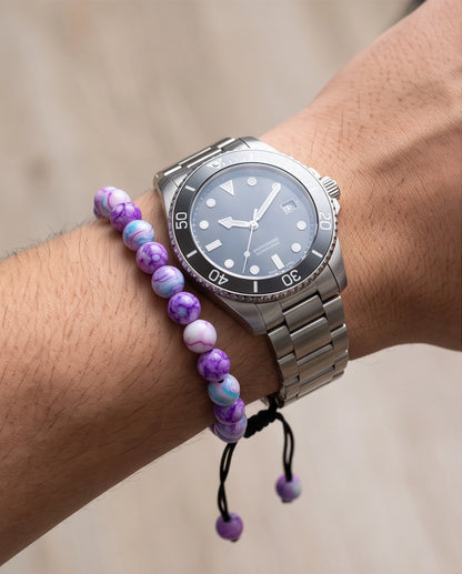 Purple & Teal Marbled Swirl Beaded Adjustable Macrame Bracelet