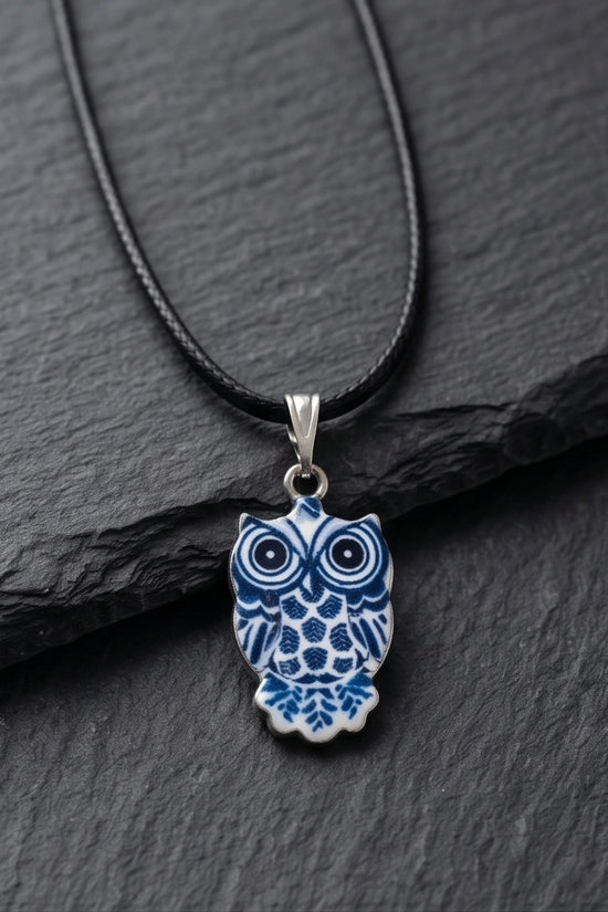Artistic Blue Porcelain Owl Totem Pendant Necklace