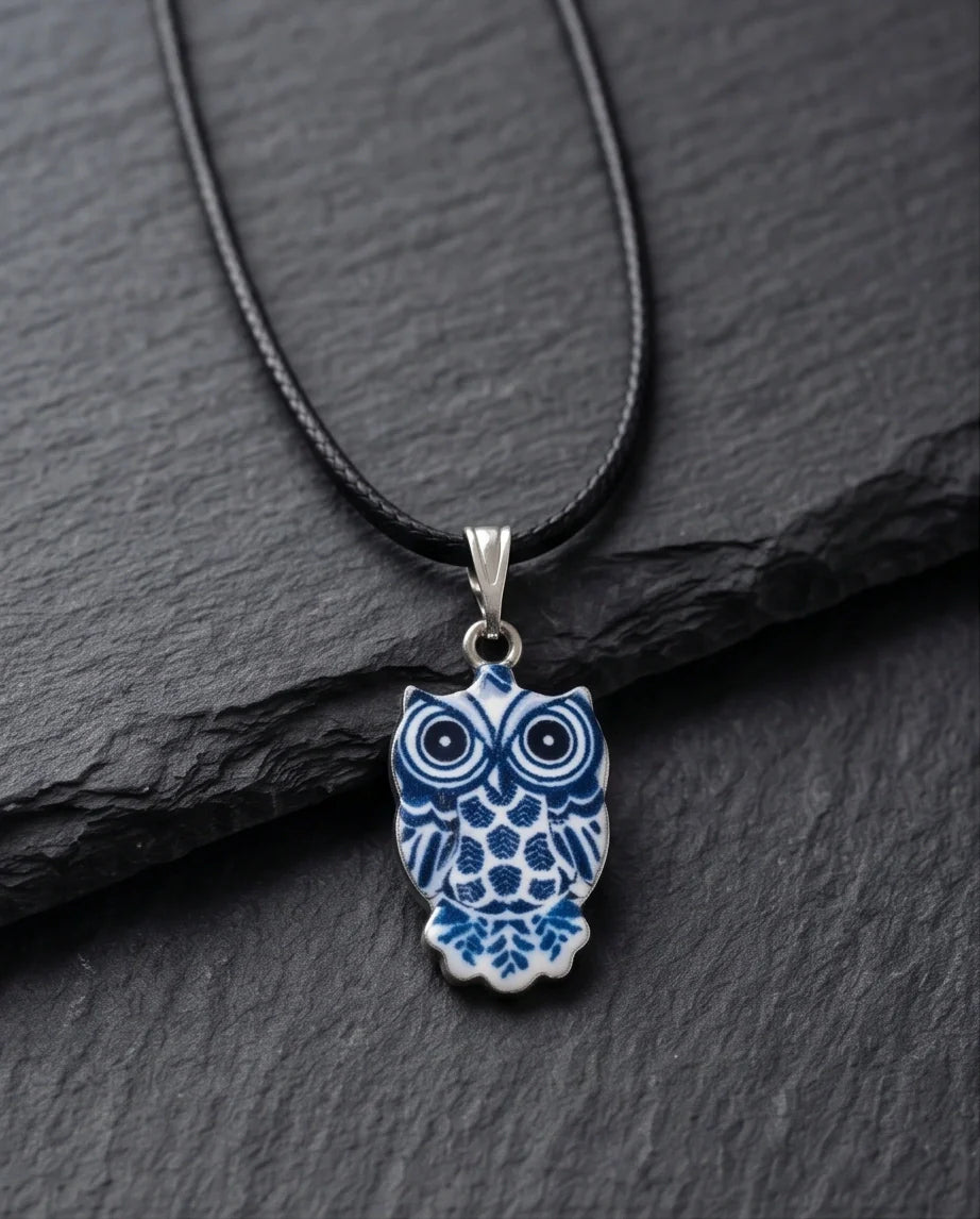 Artistic Blue Porcelain Owl Totem Pendant Necklace