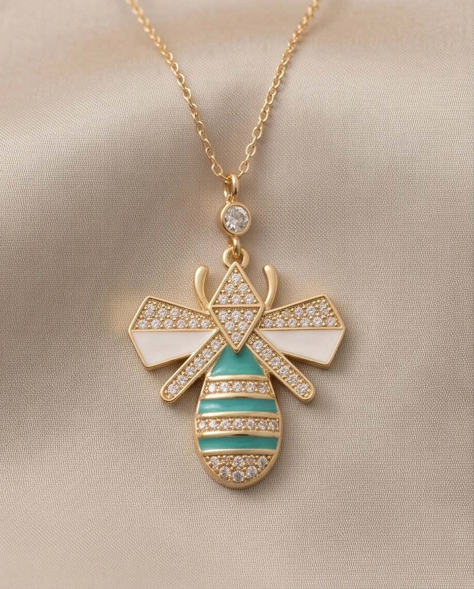 Gold Turquoise Enamel Bee Necklace