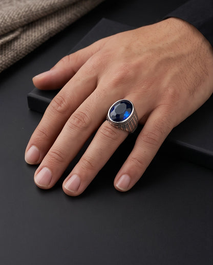 Sapphire Gemstone Beaded Surround Vertical Ribbed Silver Ring