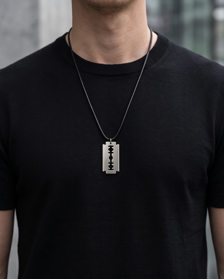 Brushed Silver Razor Blade Cord Necklace