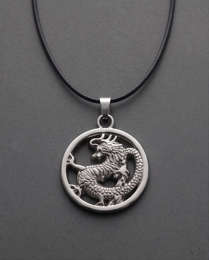 Silver Circular Dragon Medallion Pendant Necklace