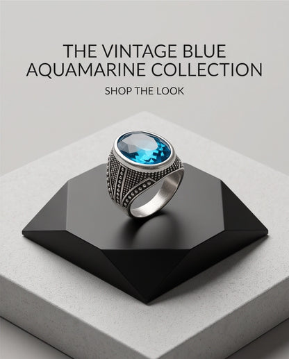 Aquamarine Gemstone Beaded Surround Chevron Stippled Silver Ring