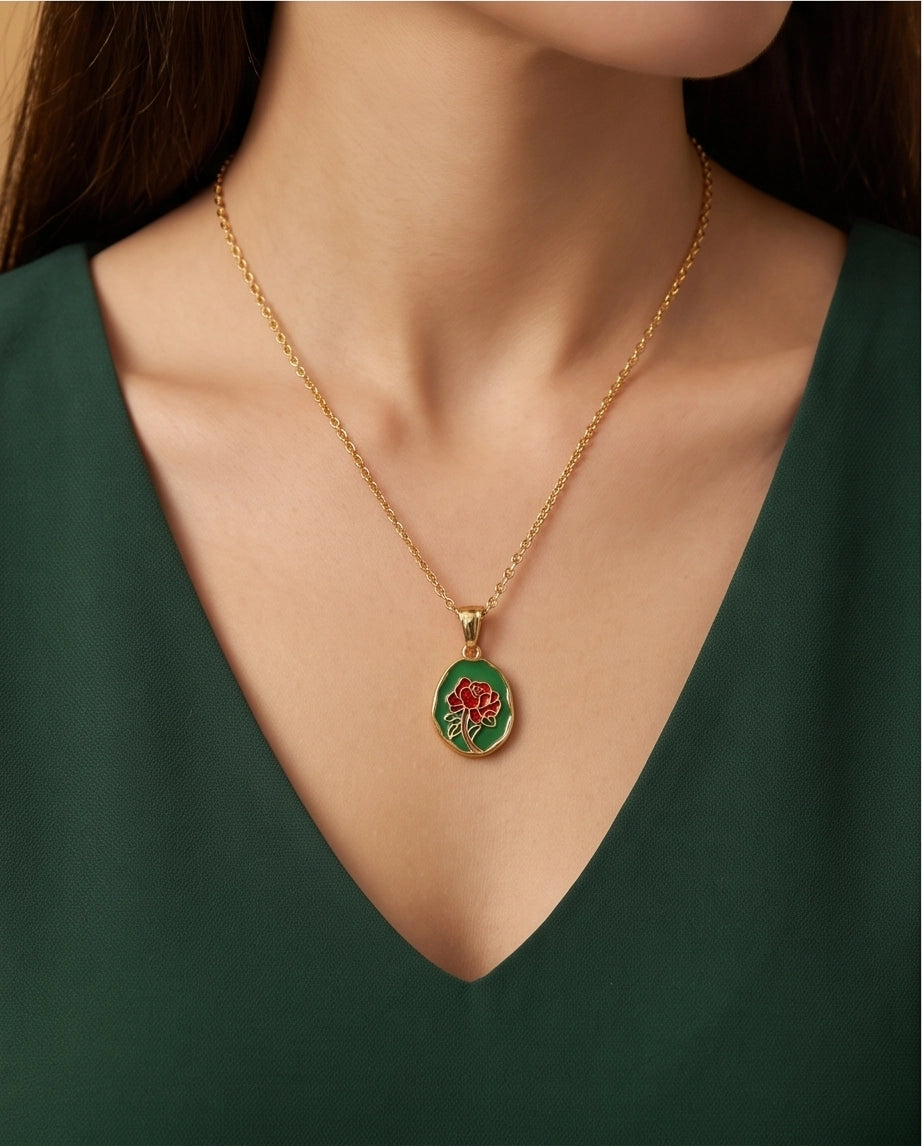 Gold Red Rose Enamel Medallion Chain Necklace