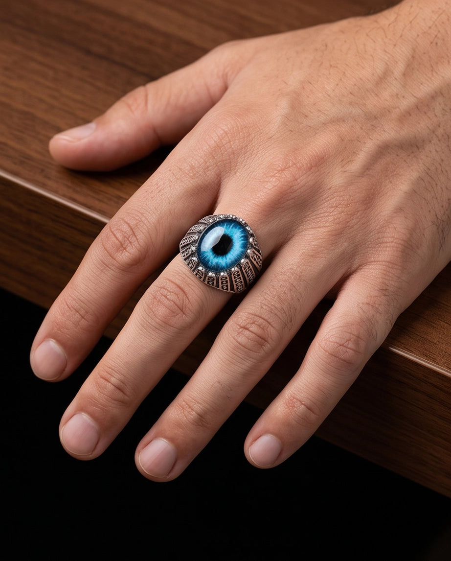 Cerulean Evil Eye Cabochon Architectural Bezel Silver Ring