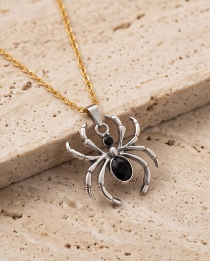 Silver Black Gemstone Spider Pendant Necklace