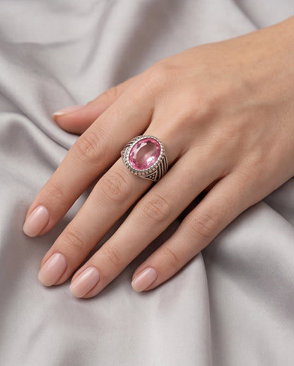 Rose Gemstone Beaded Scale Silver Ring