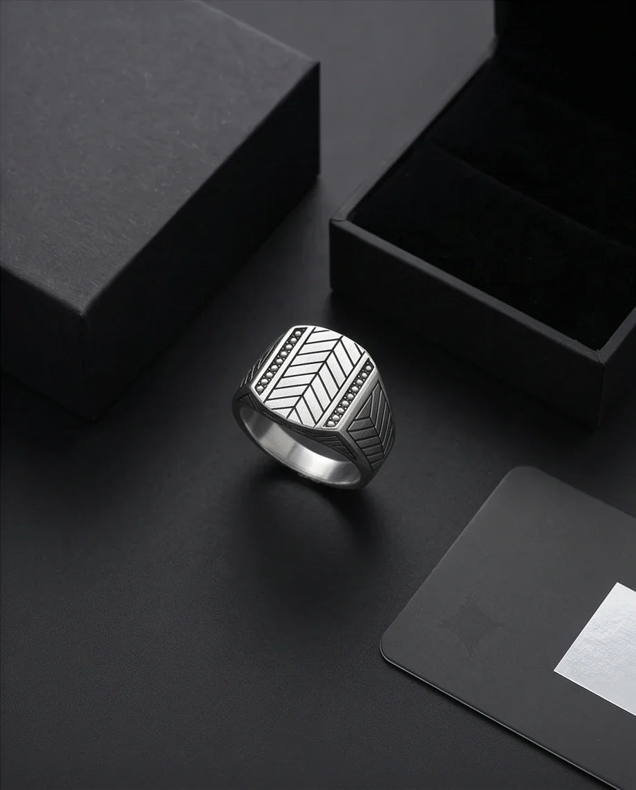 Sterling Silver Chevron Pattern Geometric Signet Ring