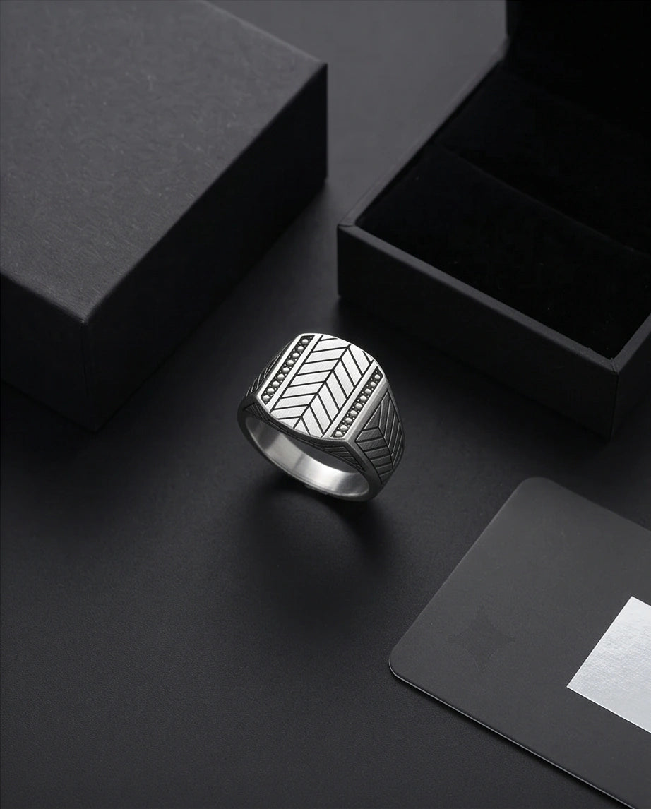 Sterling Silver Chevron Pattern Geometric Signet Ring