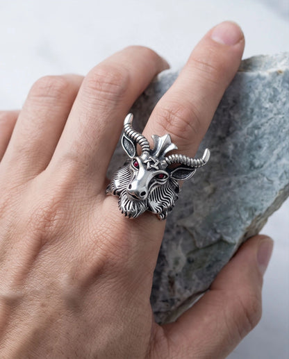 Red-Eyed Sculpted Baphomet Ram Ring