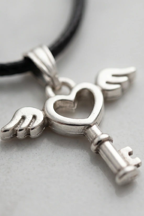 Silver Angel Wing Heart Key Necklace