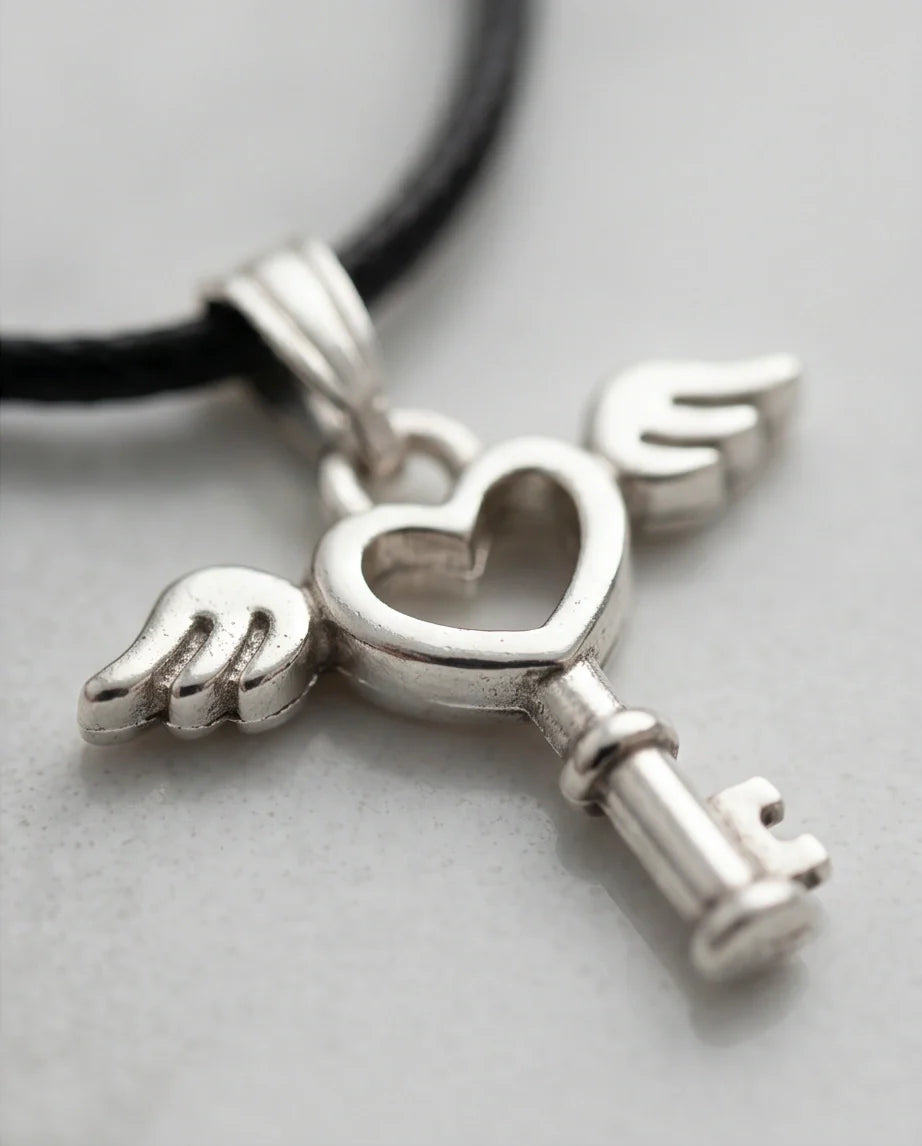 Silver Angel Wing Heart Key Necklace