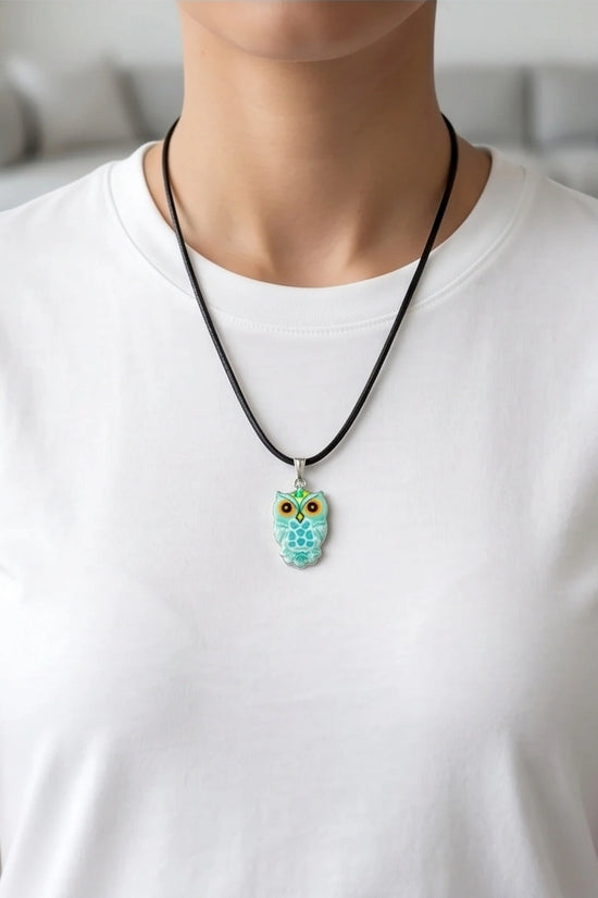 Vibrant Mint Blue Owl Totem Pendant Necklace