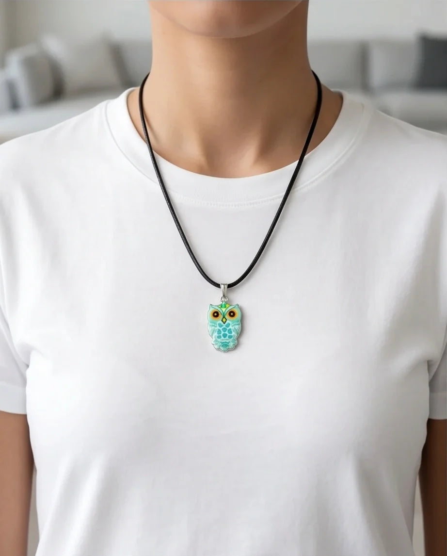 Vibrant Mint Blue Owl Totem Pendant Necklace