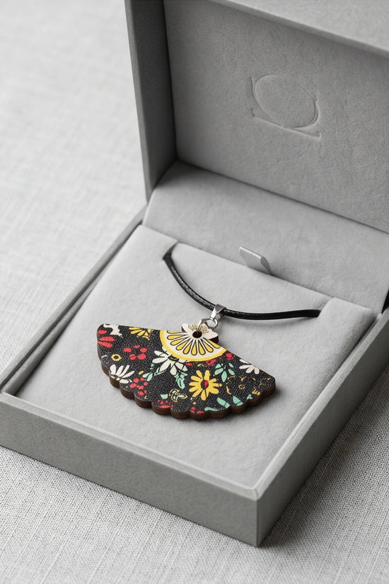 Vintage Black Botanical Hand-Fan Pendant Necklace