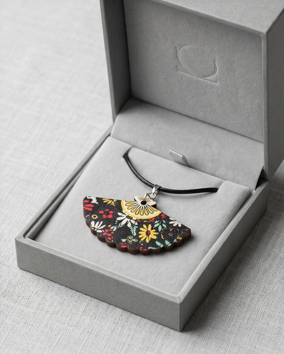 Vintage Black Botanical Hand-Fan Pendant Necklace
