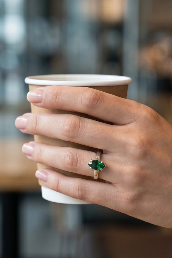 Sterling Silver Marquise-Cut Green Emerald Solitaire Ring