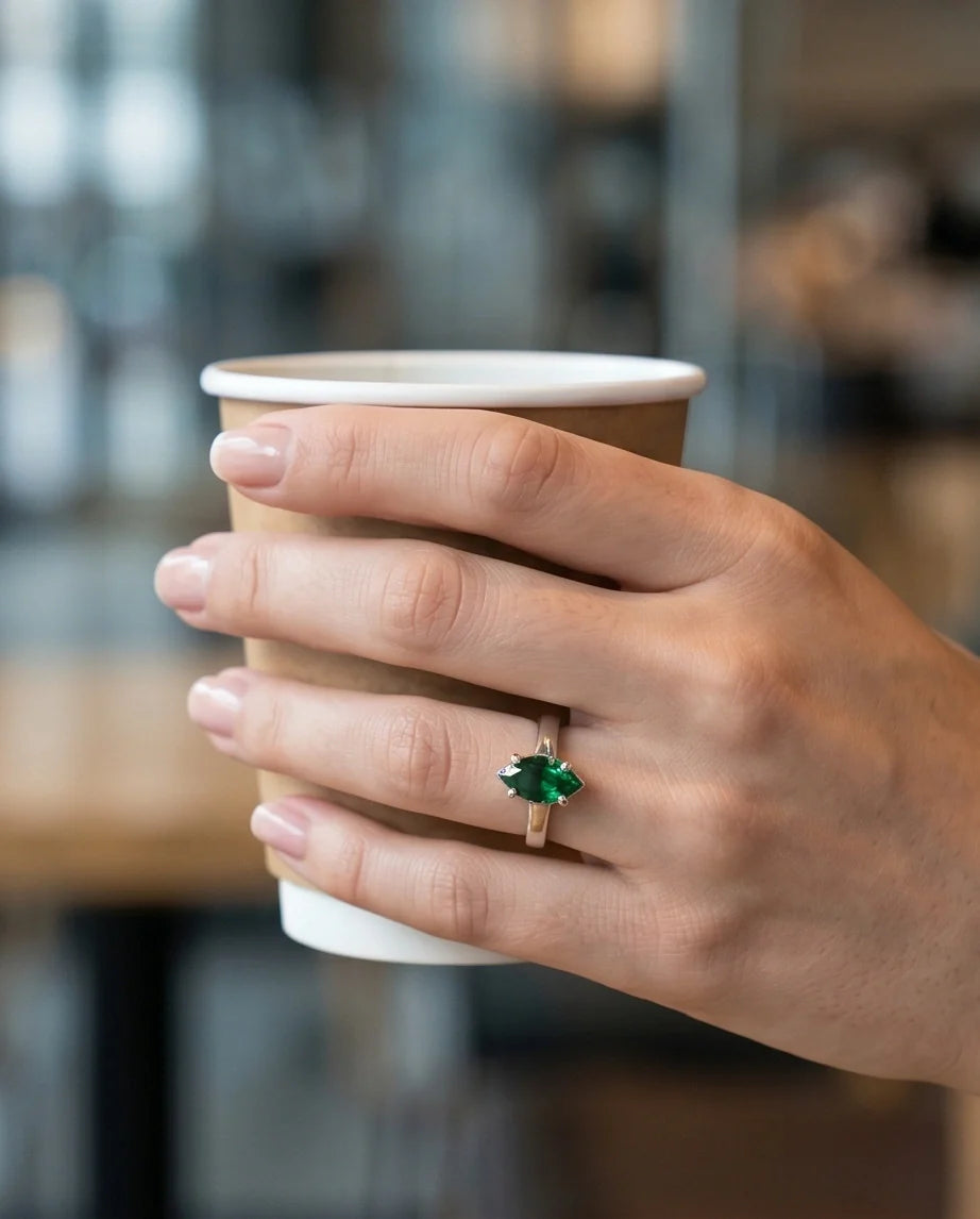 Sterling Silver Marquise-Cut Green Emerald Solitaire Ring
