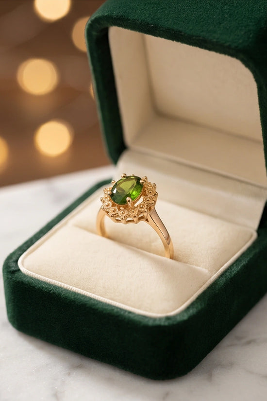 Vintage 14K Gold Oval Peridot Victorian Halo Ring
