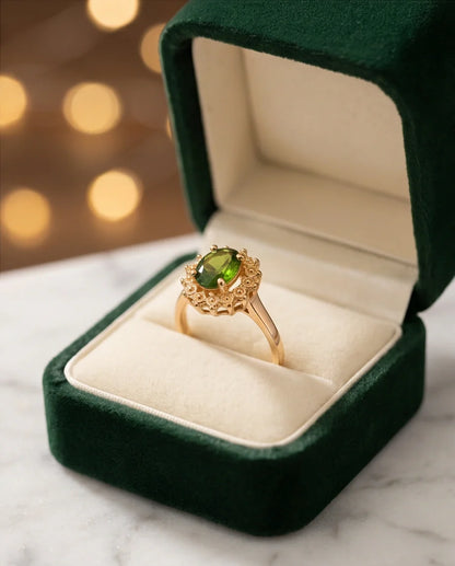 Vintage Gold Oval Peridot Victorian Halo Ring