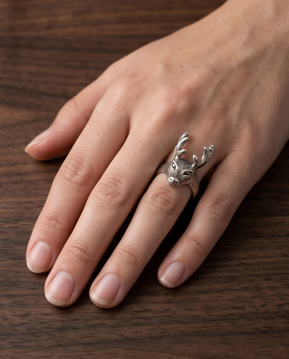 Vintage Silver Oxidized Stag Deer Antler Statement Ring