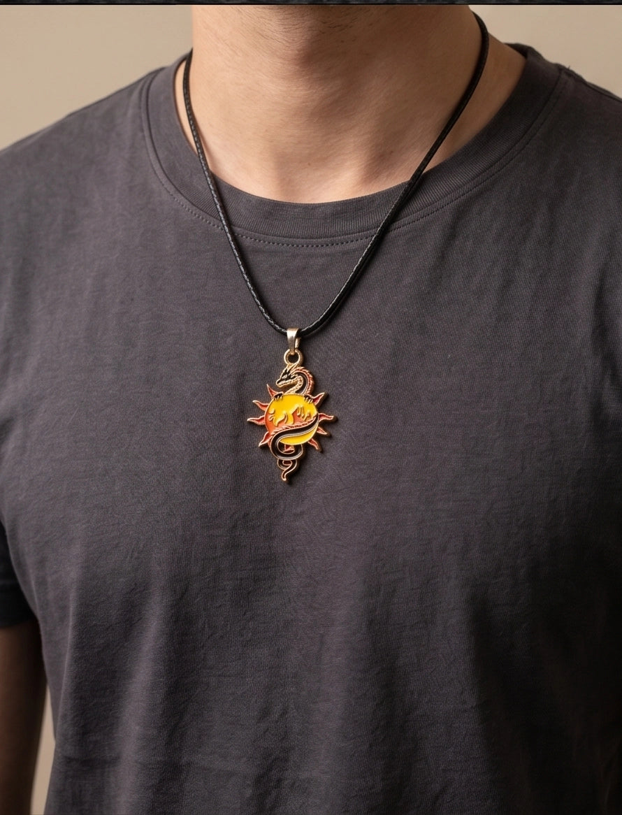 Fire Dragon & Sun Emblem Cord Necklace