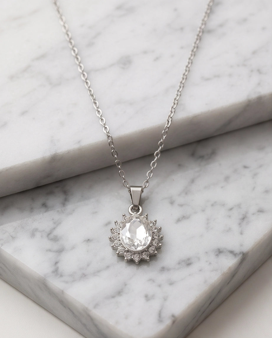 Silver Crystal Oval Halo Medallion Pendant Necklace