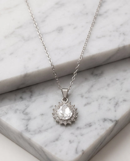 Silver Crystal Oval Halo Medallion Pendant Necklace