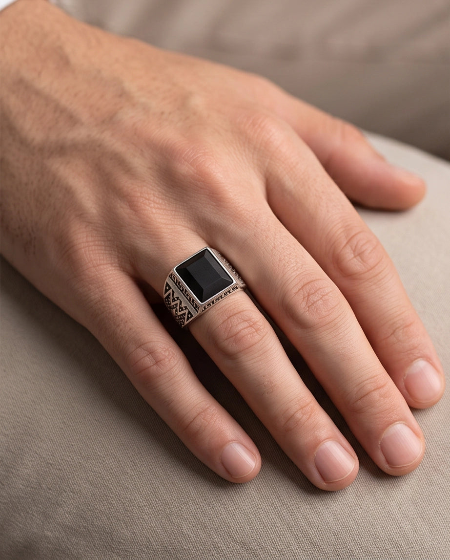Onyx Gemstone Rectangular Bevel Greek Key Zigzag Silver Ring