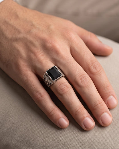 Onyx Gemstone Rectangular Bevel Greek Key Zigzag Silver Ring