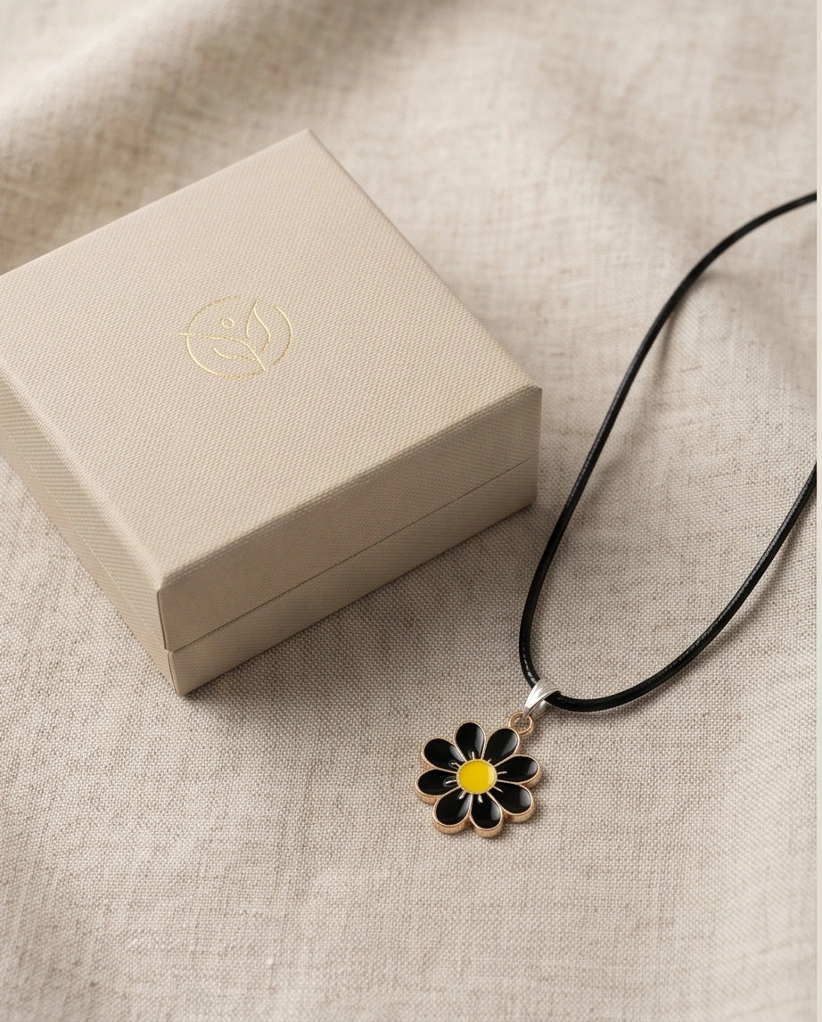 Gold and Black Daisy Pendant Necklace