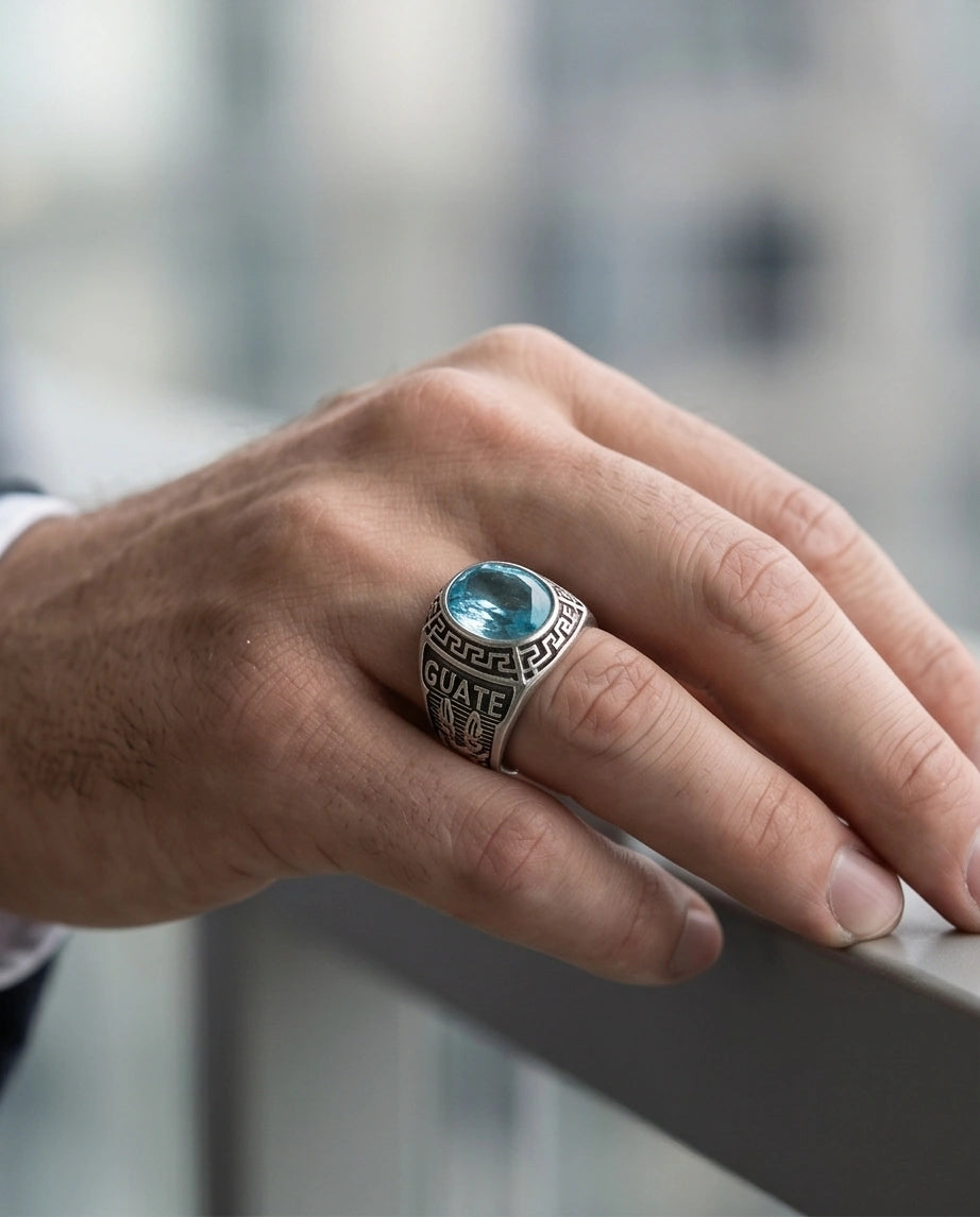 Vintage Aquamarine Blue Military Signet Ring