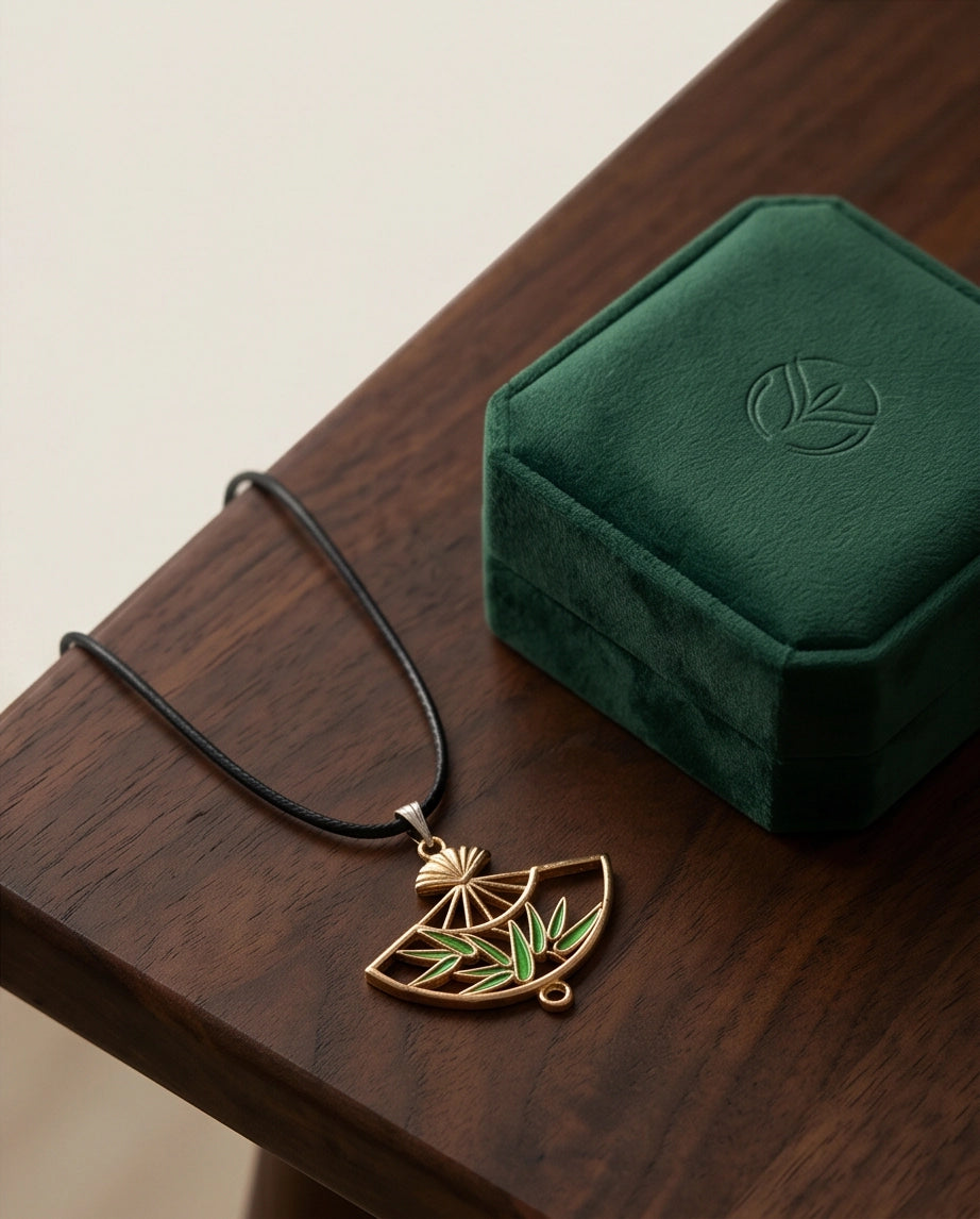 Green Bamboo Fan Pendant Necklace