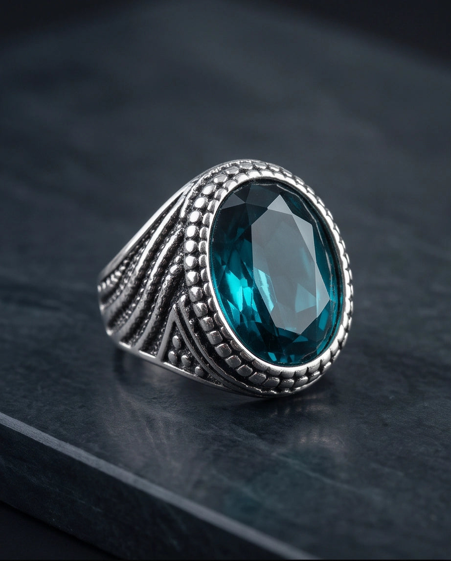 Aquamarine Gemstone Beaded Frame Wave Silver Ring