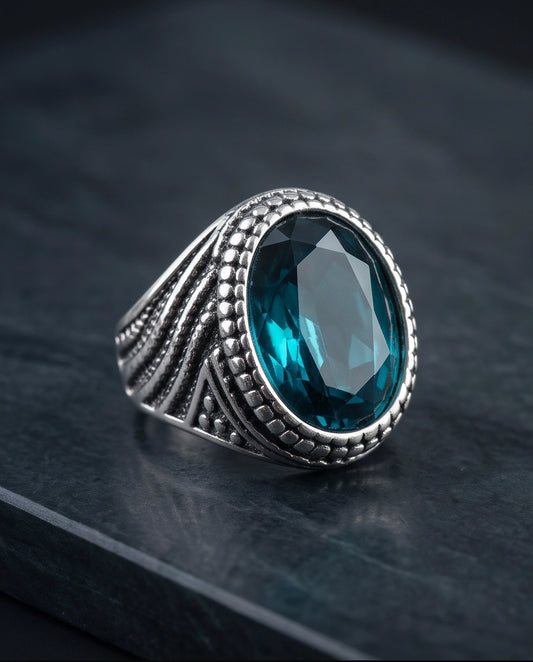 Aquamarine Gemstone Beaded Frame Wave Silver Ring