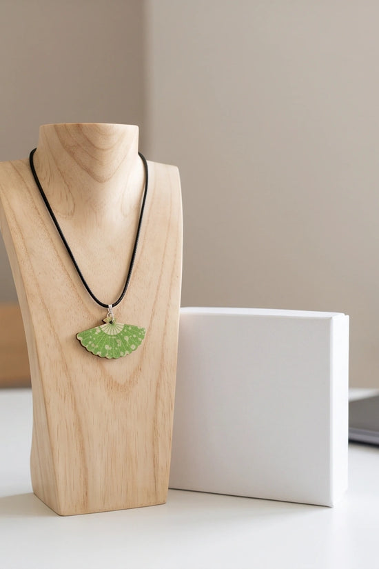 Vintage Green Matcha Floral Hand-Fan Pendant Necklace