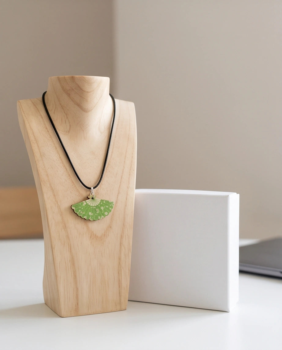 Vintage Green Matcha Floral Hand-Fan Pendant Necklace