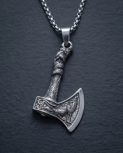 Silver Viking Axe Wolf Pendant Necklace
