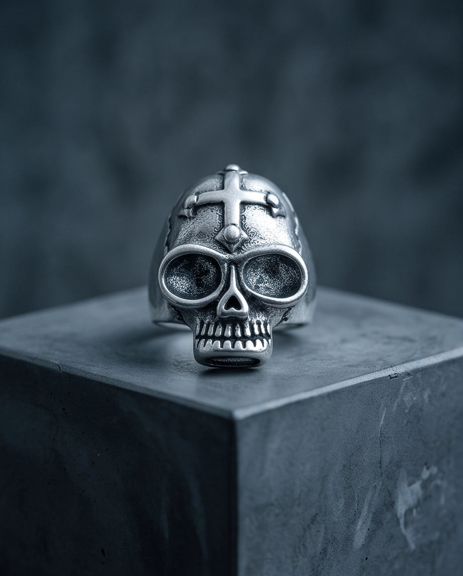 Gothic Cross-Embossed Anatomical Skull Silver Ring