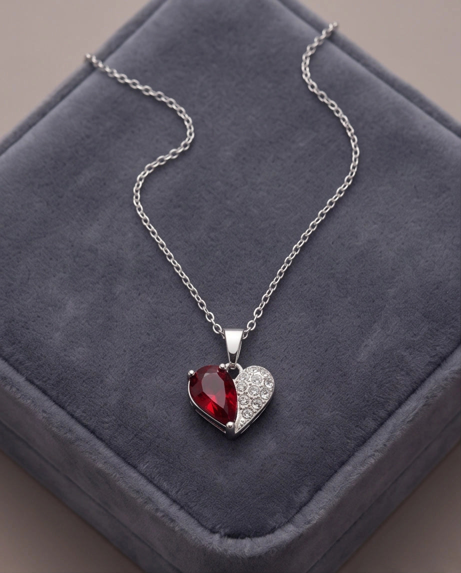 Silver Ruby Heart Pavé Pendant Necklace