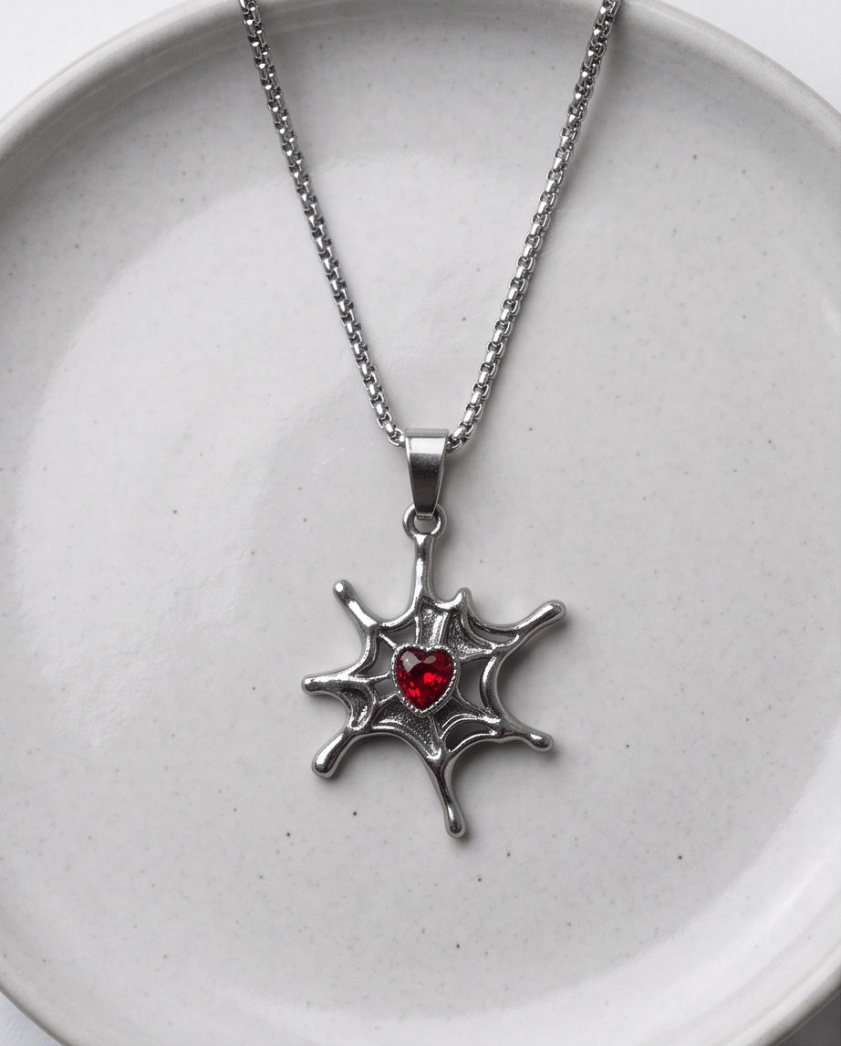 Black Spiderweb Red Heart Gem Pendant Necklace