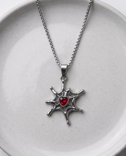 Black Spiderweb Red Heart Gem Pendant Necklace