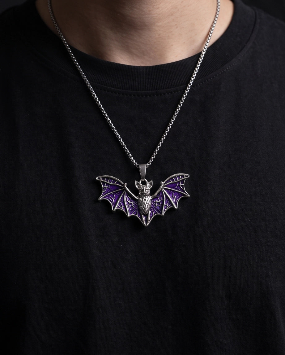 Silver Purple Enamel Flying Bat Pendant Necklace