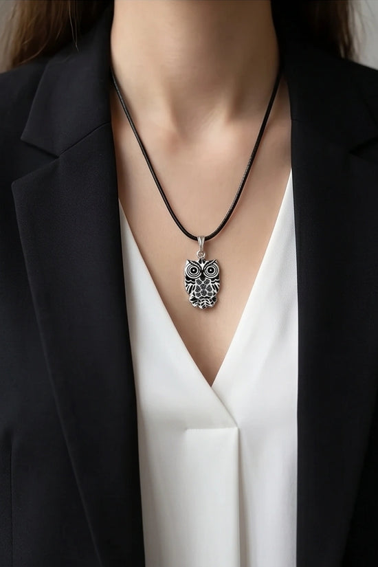 Intricate Monochrome Owl Totem Pendant Necklace