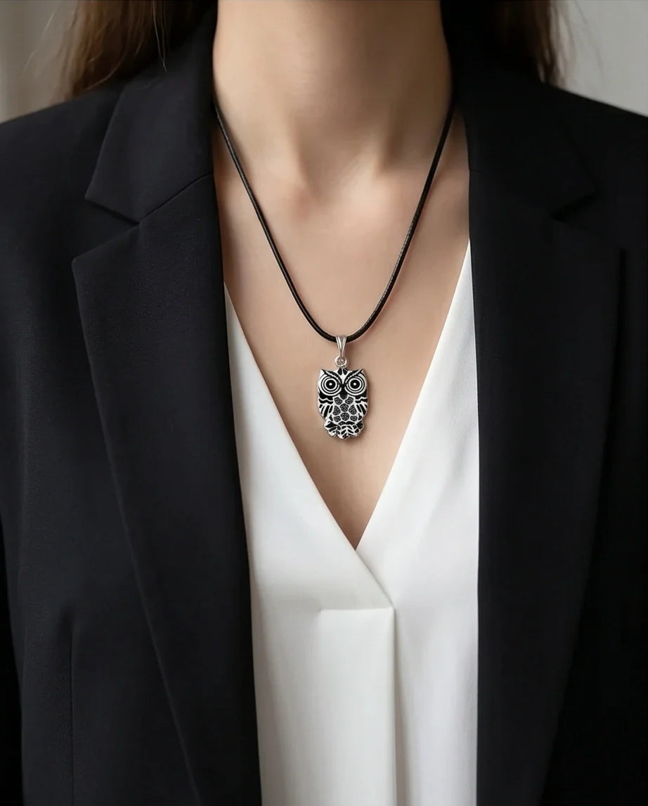 Intricate Monochrome Owl Totem Pendant Necklace